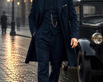 1940s Navy Blue Wool Tailcoat Suit, 3-Piece Vintage Formal Peaky Blinders Style