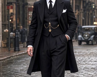 1970s Black 3-Piece Suit with Long Overcoat | Custom Tailored Men’s Formal Wedding Ensemble