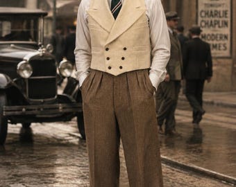 1930s Gatsby Style Cream Double Breasted Vest, Brown Wide Leg Trousers Suit