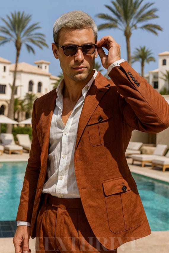Rust Brown Linen Suit for Men – Handmade Italian Summer Blazer & Trouser Set