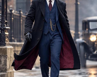1920s Peaky Inspired Navy Pinstripe Three Piece Suit | Custom Wedding & Formal Suit for Men