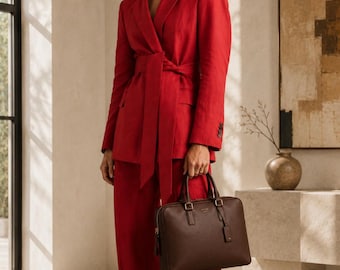 Red Linen Belted Suit for Men | Double Breasted Wide Leg Trousers