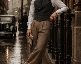 1930s Vintage Charcoal Tweed Double-Breasted Waistcoat & Wide-Leg Trousers | Gatsby Style Menswear | Old Hollywood Suit