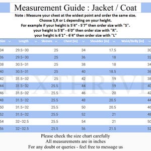 May include: A detailed measurement guide for jackets and coats, featuring a size chart with measurements in inches for chest, shoulder, and waist. Includes instructions on how to measure and select the correct size based on height.