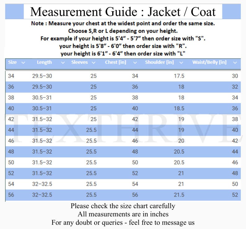 May include: A detailed measurement guide for jackets and coats, featuring a size chart with measurements in inches for chest, shoulder, and waist. Includes instructions on how to measure and select the correct size based on height.