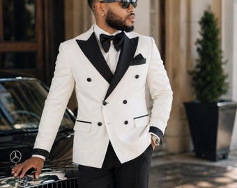 Men’s Ivory & Black Tuxedo Suit, Double Breasted Wedding Blazer, Groom Prom Formal Outfit
