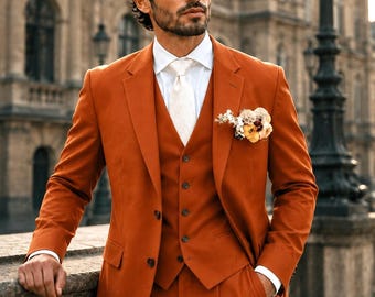 Burnt Orange 3 Piece Custom Tailored Men's Wedding Suit, Bespoke Formal Groom Outfit
