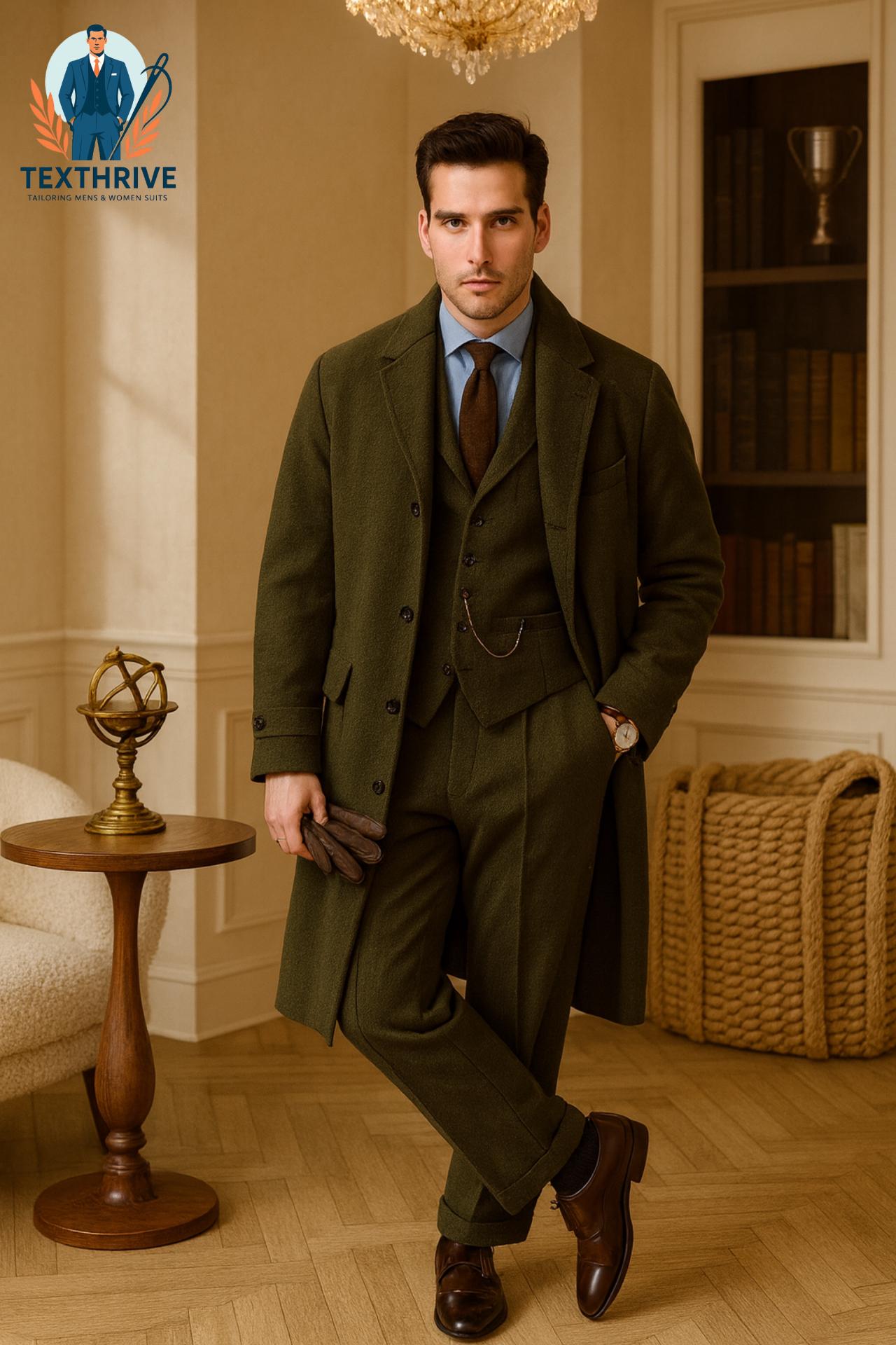 Olive Green Wool 3-Piece Suit with Long Overcoat