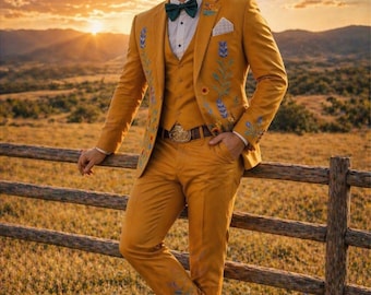 Musztardowo-żółty haftowany 3-częściowy garnitur w stylu western, kwiatowy strój kowboja dla pana młodego