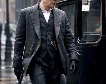 Men's Charcoal Gray Tweed 3-Piece Suit, Vintage British Style,  Wool Blend