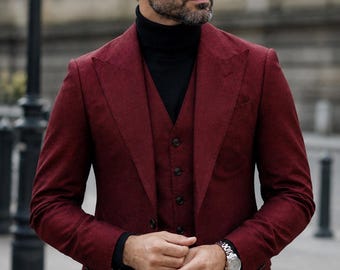 Burgundy Wool 3-Piece Suit, Vintage Tuxedo Style, Custom Tailored Formal Wear