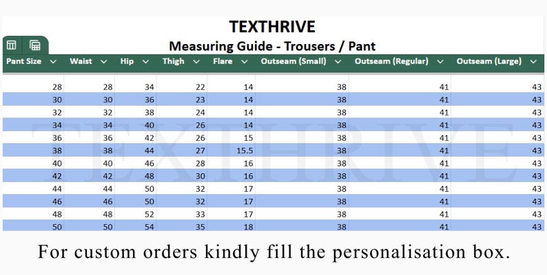 Puede incluir: Una gu&iacute;a de medidas TEXTHRIVE para pantalones, que detalla las medidas de cintura, cadera, muslo, campana y costura exterior. La tabla incluye tallas. El texto en la parte inferior dice: "Para pedidos personalizados, rellene el cuadro de personalizaci&oacute;n."