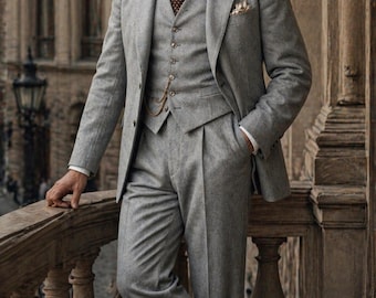 Traje de tres piezas de lana gris vintage / Traje de boda estilo aristocracia / Corte ajustado para caballero