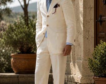 Vintage Ivory Linen Suit for Men | 2 Piece Summer Wedding Suit | Old Money Italian Style