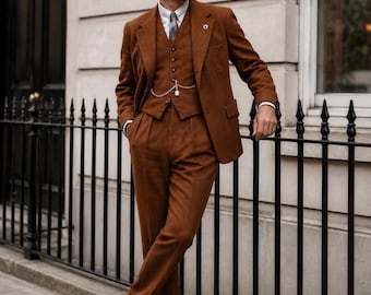 Brown Wool Tweed 3-Piece Suit, British Style Tailored Waistcoat, Country Gentleman Formal Wear