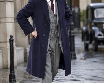 Men's Navy Wool Overcoat with Grey 3-Piece Suit | 1940s Style Tailored Outfit