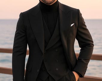 Traje cruzado negro de mezcla de lana: Blazer italiano de corte entallado