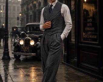 1930s Vintage Charcoal Gray Double-Breasted Waistcoat & Wide-Leg Trouser Suit | Gatsby Style Menswear