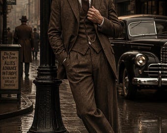 1940年代のブラウンのスリーピーススーツ、ヴィンテージジェントルマンスタイル、オールドハリウッドコスチューム