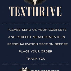 Puede incluir: Gr&aacute;fico azul marino con una ilustraci&oacute;n de esmoquin y la palabra "TEXTHRIVE" en letras blancas grandes. El texto de abajo solicita medidas completas antes de realizar el pedido y agradece al cliente.
