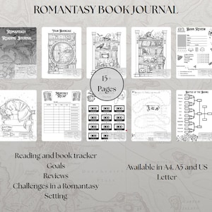 May include: A black and white Romantasy Book Journal, featuring pages for reading tracking, goals, reviews, and challenges. Includes book review pages, monthly recaps, and a 'Battle of the Books' chart. Available in A4, A5, and US Letter sizes.
