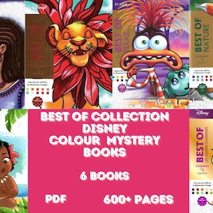 Può includere: Una collezione di sei libri da colorare Disney "Best Of". Le copertine presentano personaggi dei film Disney, tra cui principesse, personaggi Pixar e scene naturali. Il testo sulla copertina recita "Best of Collection Disney Colour Mystery Books".