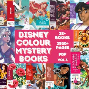 May include: A selection of Disney-themed colouring books with vibrant covers. Titles include "Mandalas," "Girl Power," and "Looney Tunes." The image also features the text "Disney Colour Mystery Books," and indicates the collection contains over 25 books and 2500 pages.