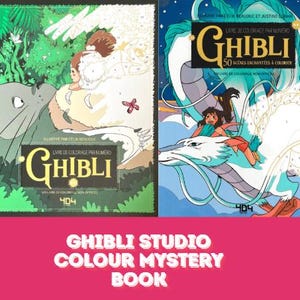 May include: Two Ghibli Studio colour mystery books are shown. The covers display illustrations of characters and scenes from the animated films. The books are titled "Ghibli" and include the text "Livre de coloriage par num&eacute;ro" and "50 sc&egrave;nes enchant&eacute;es &agrave; colorier". The bottom of the image reads "Ghibli Studio Colour Mystery Book".