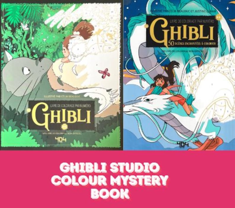 May include: Two Ghibli Studio colour mystery books are shown. The covers display illustrations of characters and scenes from the animated films. The books are titled "Ghibli" and include the text "Livre de coloriage par num&eacute;ro" and "50 sc&egrave;nes enchant&eacute;es &agrave; colorier". The bottom of the image reads "Ghibli Studio Colour Mystery Book".