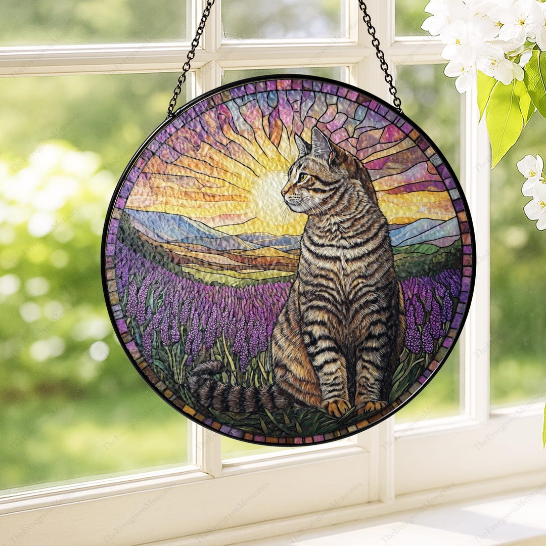 Tabby Cat Stained Glass Suncatcher, Cat and Lavender Field Suncatcher ...