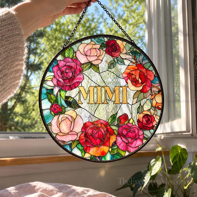 Loading Gift Window Personalized Floral Glass Suncatcher for Grandma, Mimi Nana Flower ...