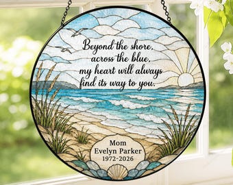 Personalized Mom Memorial Suncatcher, Ocean Beach Stained Glass Style Window Hanging, Loss of Mother Sympathy Gift,In Loving Memory Keepsake