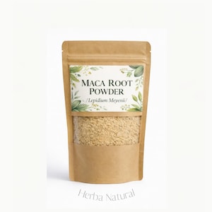 May include: A brown paper bag of maca root powder with a clear window. The label reads "MACA ROOT POWDER / Lepidium Meyenii/" with green leaf accents. The words "Herba Natural" are printed at the bottom.