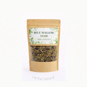 May include: A brown paper bag with a clear window displaying dried blue mallow herb. The label reads "BLUE MALLOW HERB" and "Malva Sylvestris". The words "Herba Natural" are printed at the bottom of the bag.