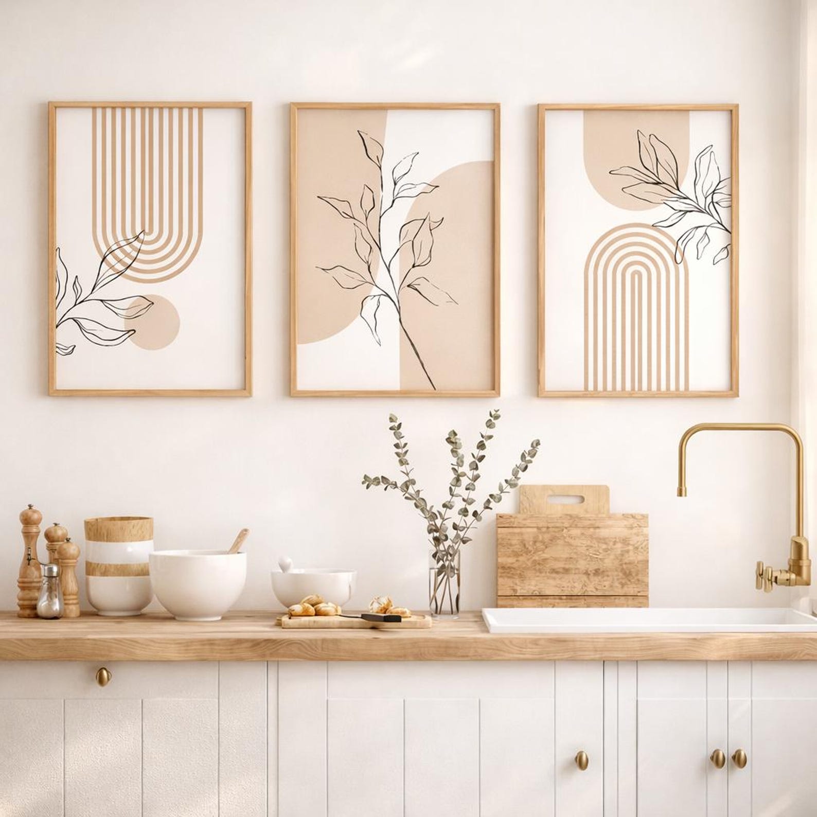 Neutral Wall Art Set of 3, Minimalist Botanical Prints, Beige Boho Wall ...