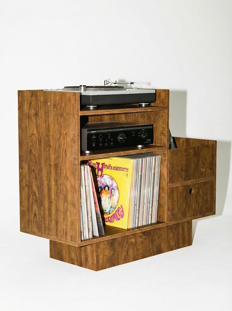 Record Player Stand - Birch Plywood, Vinyl Storage Cabinet, Drawer, 100cm image 2