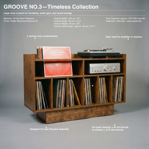 Walnut vinyl storage console with turntable shelf, amplifier space, six LP compartments, and flat-pack design for an organized home audio listening room.