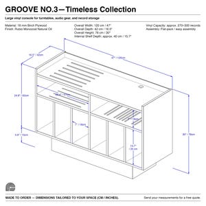 Technical dimension drawing of the Groove No.3 record player stand, showing width 120 cm / 47 inches, depth 42 cm / 16.5 inches, and height 78 cm / 30 inches, with labeled compartments for turntable, audio gear, and vinyl record storage. Made from 18mm birch plywood with Rubio Monocoat Natural Oil finish.
