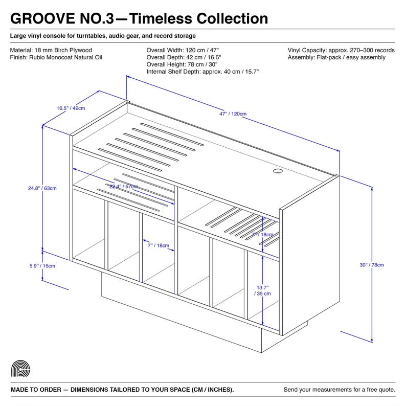 Technical dimension drawing of the Groove No.3 record player stand, showing width 120 cm / 47 inches, depth 42 cm / 16.5 inches, and height 78 cm / 30 inches, with labeled compartments for turntable, audio gear, and vinyl record storage. Made from 18mm birch plywood with Rubio Monocoat Natural Oil finish.