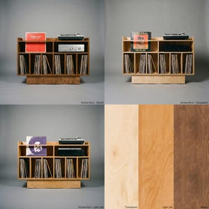 Groove No.3 finish options showing walnut, transparent, and light oak versions of the vinyl console with matching birch plywood wood grain samples.