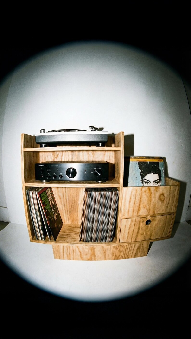 Record Player Stand - Birch Plywood, Vinyl Storage Cabinet, Drawer, 100cm image 10