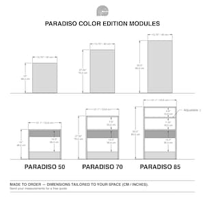 Technical dimension chart for Paradiso Color Edition modules showing Paradiso 50. Paradiso 70 and Paradiso 85. All modules are 53.6 cm wide and 40 cm deep. Heights are 48.2 cm. 70 cm and 85 cm. The lower storage area is shown as 36.4 cm high. Paradiso 70 includes a 20 cm upper section. Paradiso 85 includes an 18.2 cm upper section and an adjustable 15 cm compartment. Made to order sizing is also noted.