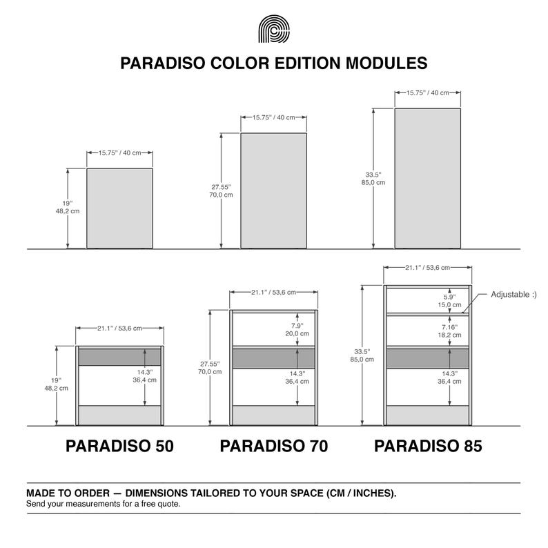 Technical dimension chart for Paradiso Color Edition modules showing Paradiso 50. Paradiso 70 and Paradiso 85. All modules are 53.6 cm wide and 40 cm deep. Heights are 48.2 cm. 70 cm and 85 cm. The lower storage area is shown as 36.4 cm high. Paradiso 70 includes a 20 cm upper section. Paradiso 85 includes an 18.2 cm upper section and an adjustable 15 cm compartment. Made to order sizing is also noted.