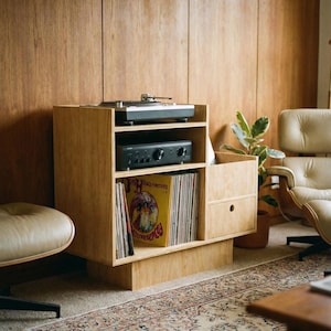 Record Player Stand - Birch Plywood, Vinyl Storage Cabinet, Drawer, 100cm image 6