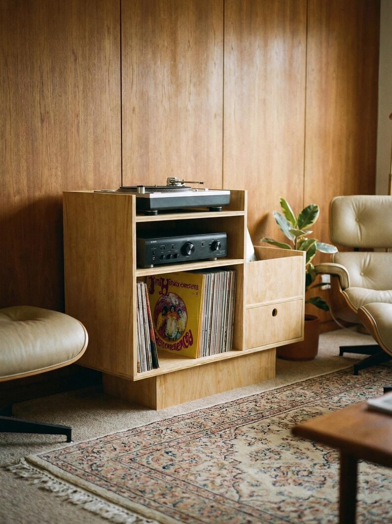Record Player Stand - Birch Plywood, Vinyl Storage Cabinet, Drawer, 100cm image 6