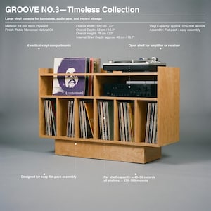 Groove No.3 Timeless Collection vinyl console showing birch plywood material, Rubio natural oil finish, turntable shelf, amp storage, and six record compartments.