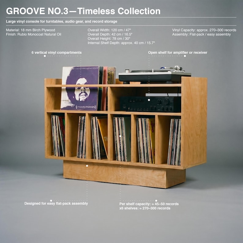 Groove No.3 Timeless Collection vinyl console showing birch plywood material, Rubio natural oil finish, turntable shelf, amp storage, and six record compartments.