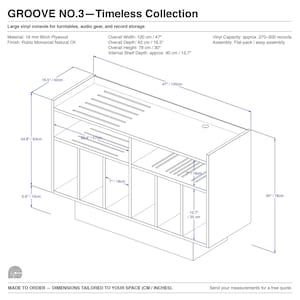 Technical dimension drawing of Groove No.3 vinyl console, showing 120 cm width, 42 cm depth, 78 cm height, record compartments, cable opening, and ventilation slots.