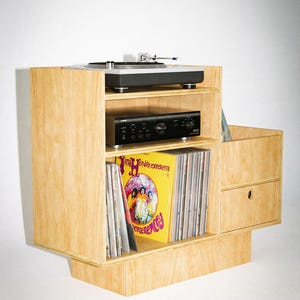 Record Player Stand - Birch Plywood, Vinyl Storage Cabinet, Drawer, 100cm image 5