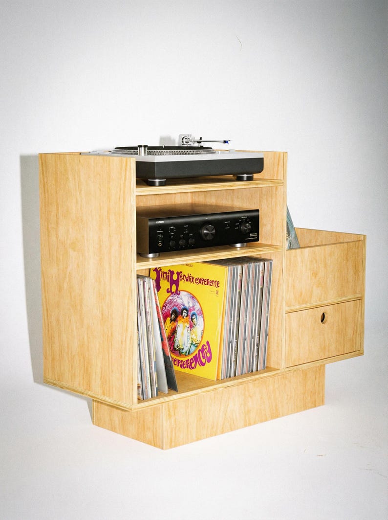 Record Player Stand - Birch Plywood, Vinyl Storage Cabinet, Drawer, 100cm image 5